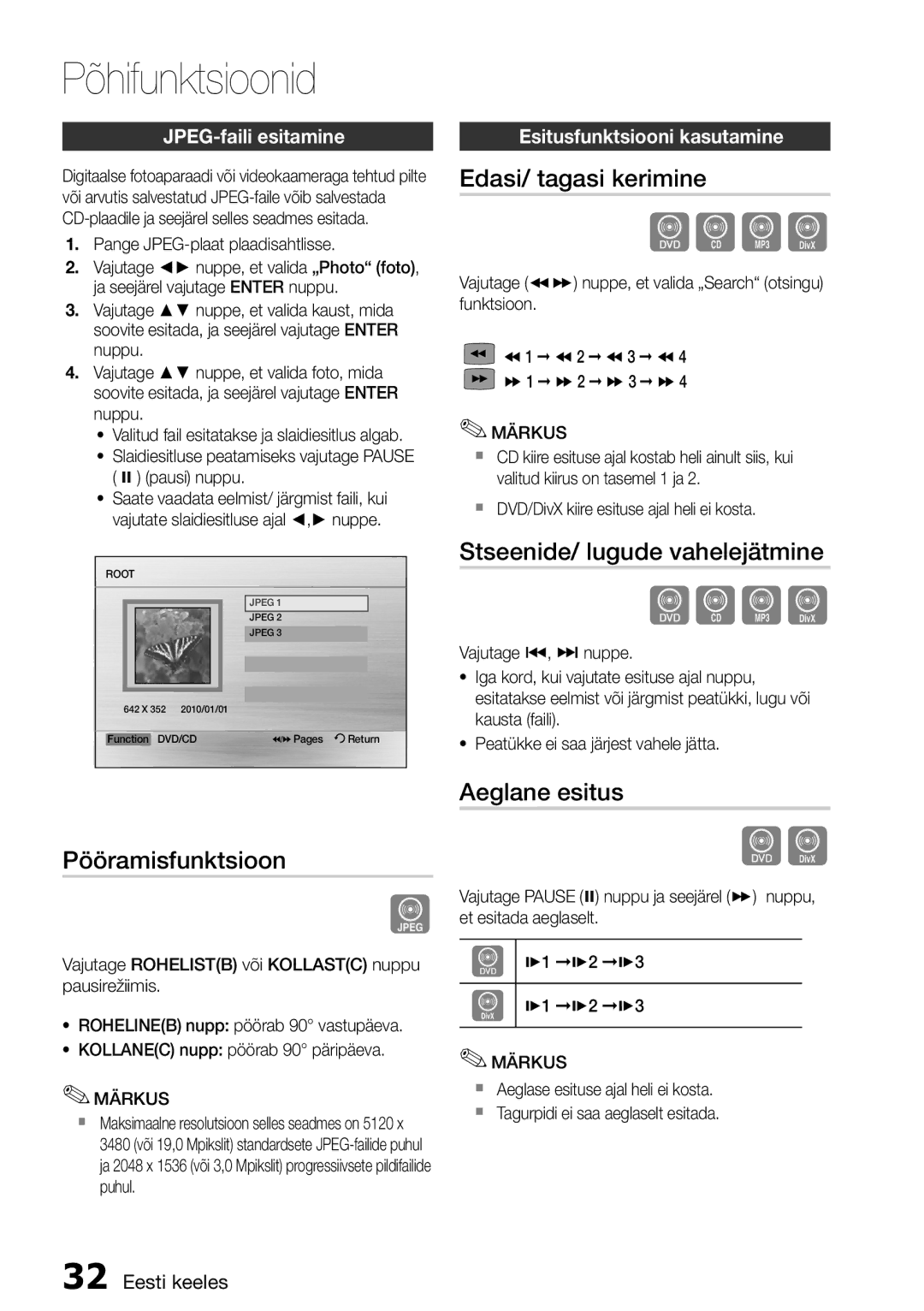 Samsung HT-D555/EN manual Edasi/ tagasi kerimine, Stseenide/ lugude vahelejätmine, Pööramisfunktsioon, Aeglane esitus 