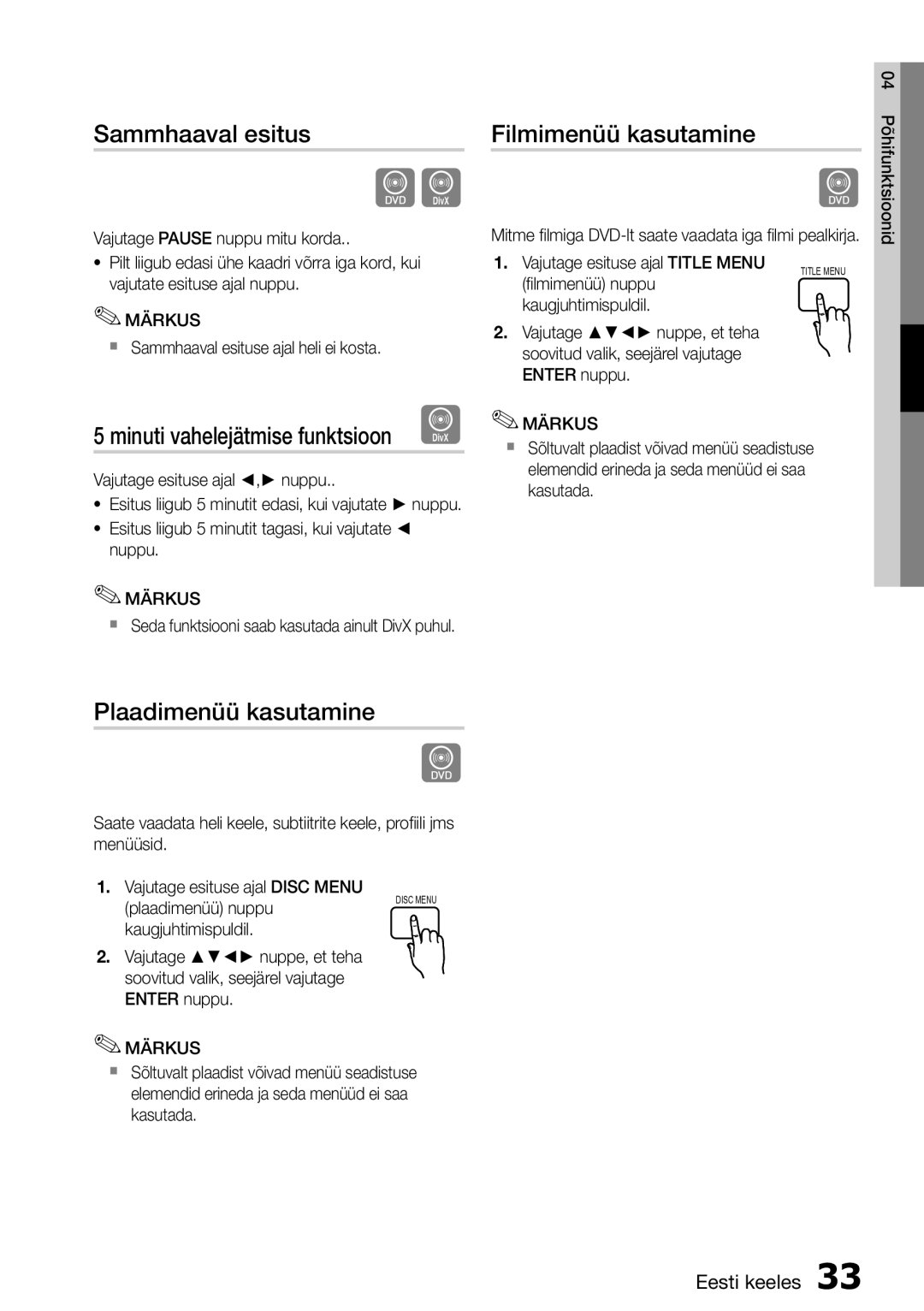 Samsung HT-D555/EN Sammhaaval esitus, Minuti vahelejätmise funktsioon D, Filmimenüü kasutamine, Plaadimenüü kasutamine 