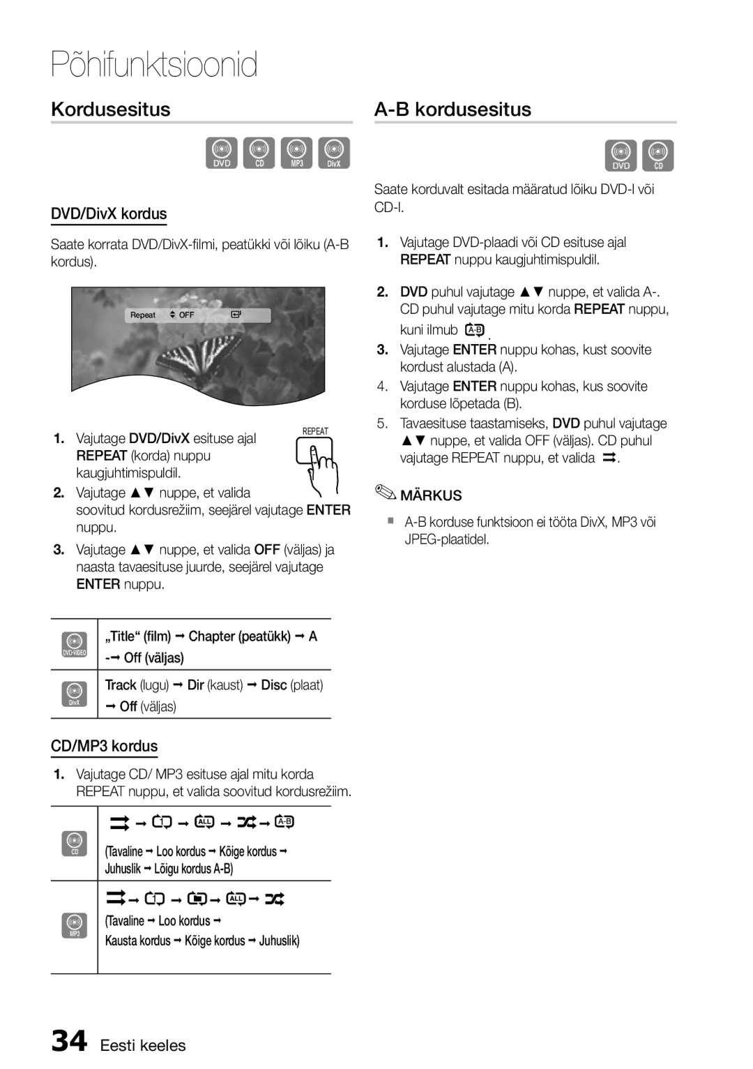 Samsung HT-D555/EN manual Kordusesitus, DVD/DivX kordus, CD/MP3 kordus 