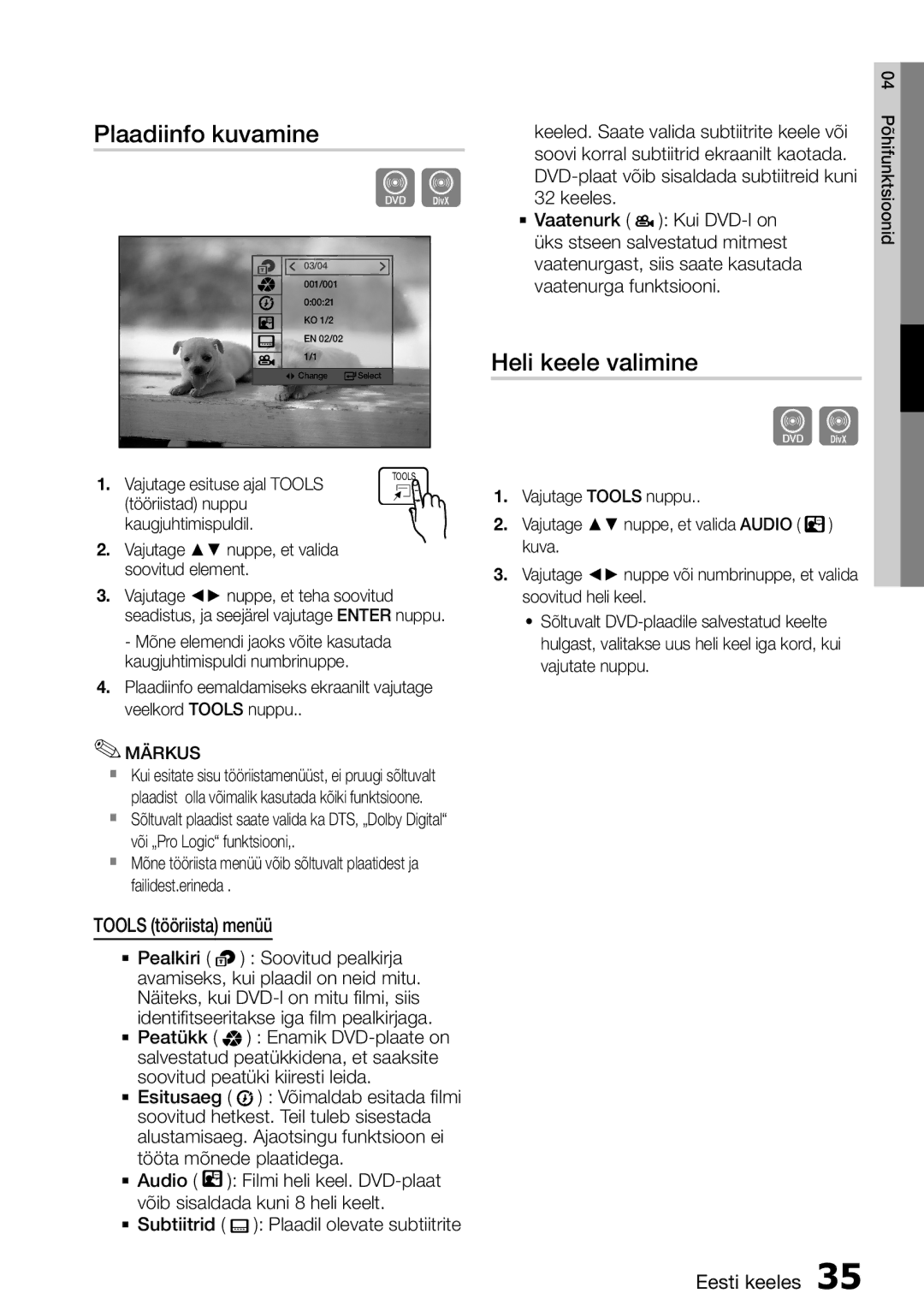 Samsung HT-D555/EN manual Plaadiinfo kuvamine, Heli keele valimine, Tools tööriista menüü 