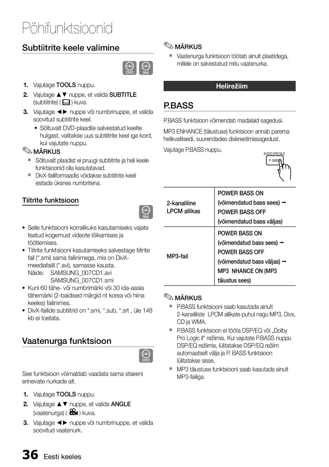 Samsung HT-D555/EN manual Subtiitrite keele valimine, Vaatenurga funktsioon, Tiitrite funktsioon 