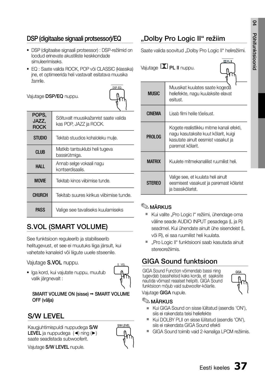 Samsung HT-D555/EN manual „Dolby Pro Logic II režiim, Giga Sound funktsioon, DSP digitaalse signaali protsessor/EQ, Pops 