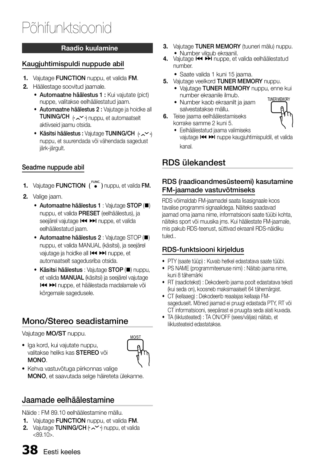 Samsung HT-D555/EN manual Mono/Stereo seadistamine, Jaamade eelhäälestamine, RDS ülekandest, Raadio kuulamine 