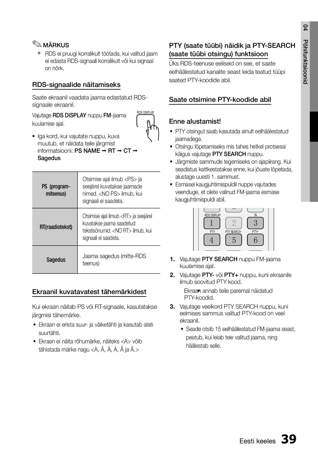 Samsung HT-D555/EN manual RDS-signaalide näitamiseks, Saate otsimine PTY-koodide abil, Enne alustamist 