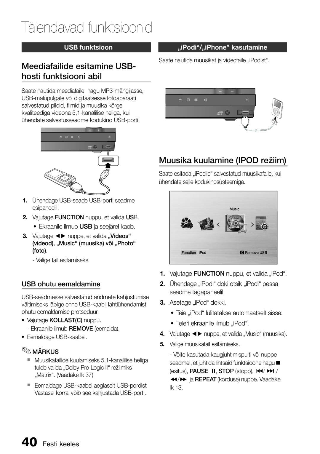 Samsung HT-D555/EN manual Täiendavad funktsioonid, Meediafailide esitamine USB- hosti funktsiooni abil, USB funktsioon 