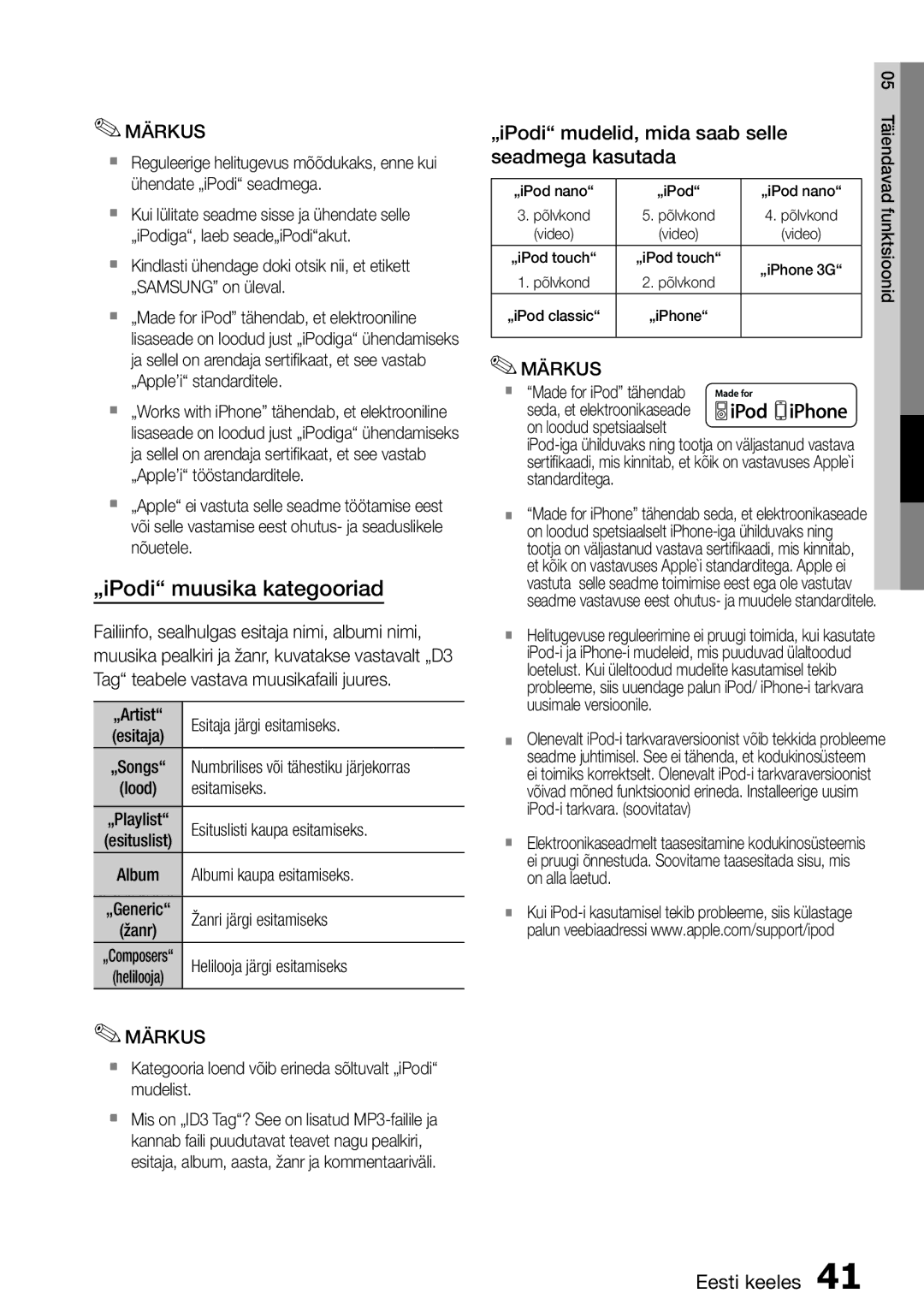 Samsung HT-D555/EN manual „iPodi muusika kategooriad, „iPodi mudelid, mida saab selle, Seadmega kasutada 