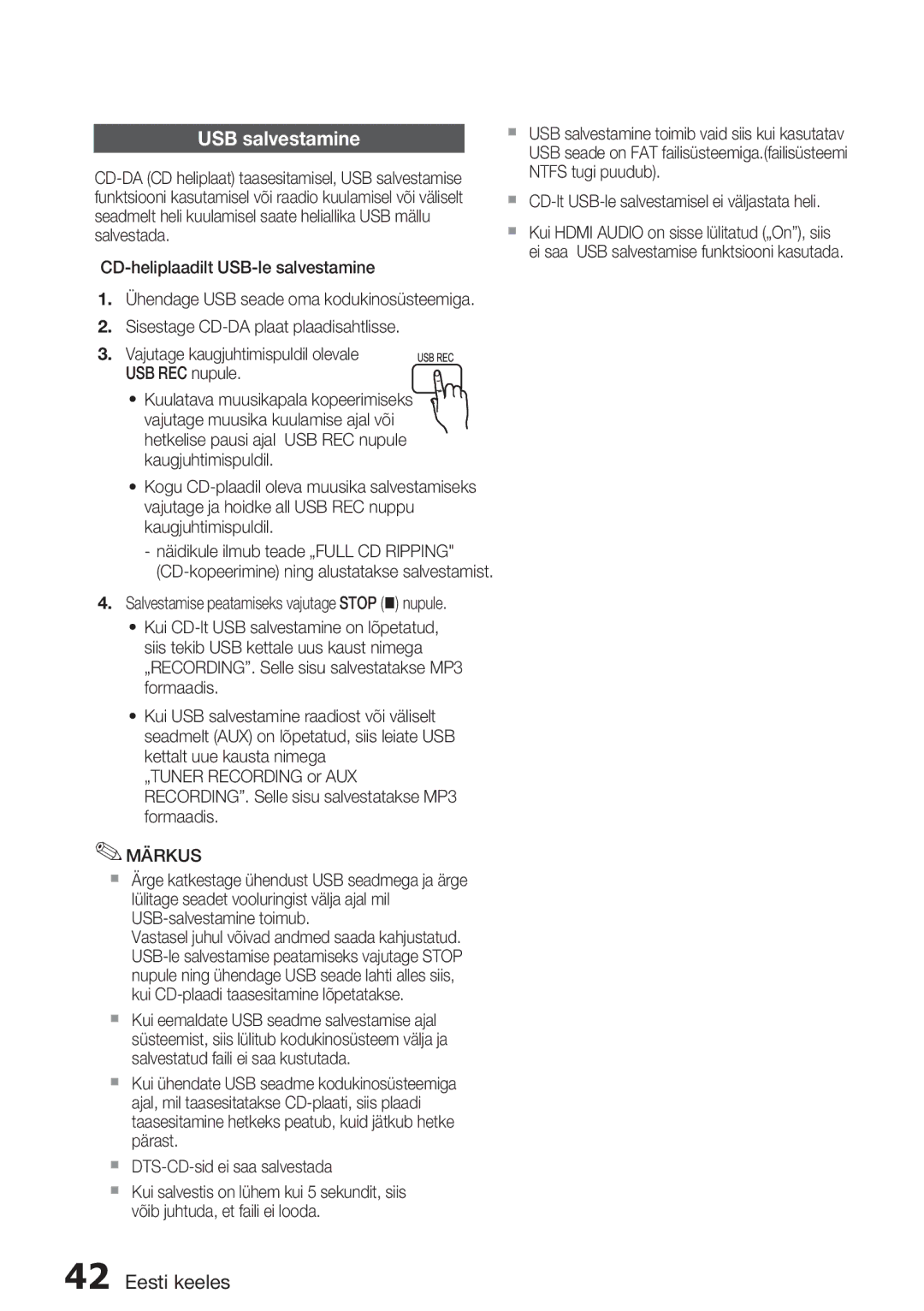 Samsung HT-D555/EN manual USB salvestamine, CD-heliplaadilt USB-le salvestamine,  DTS-CD-sid ei saa salvestada 