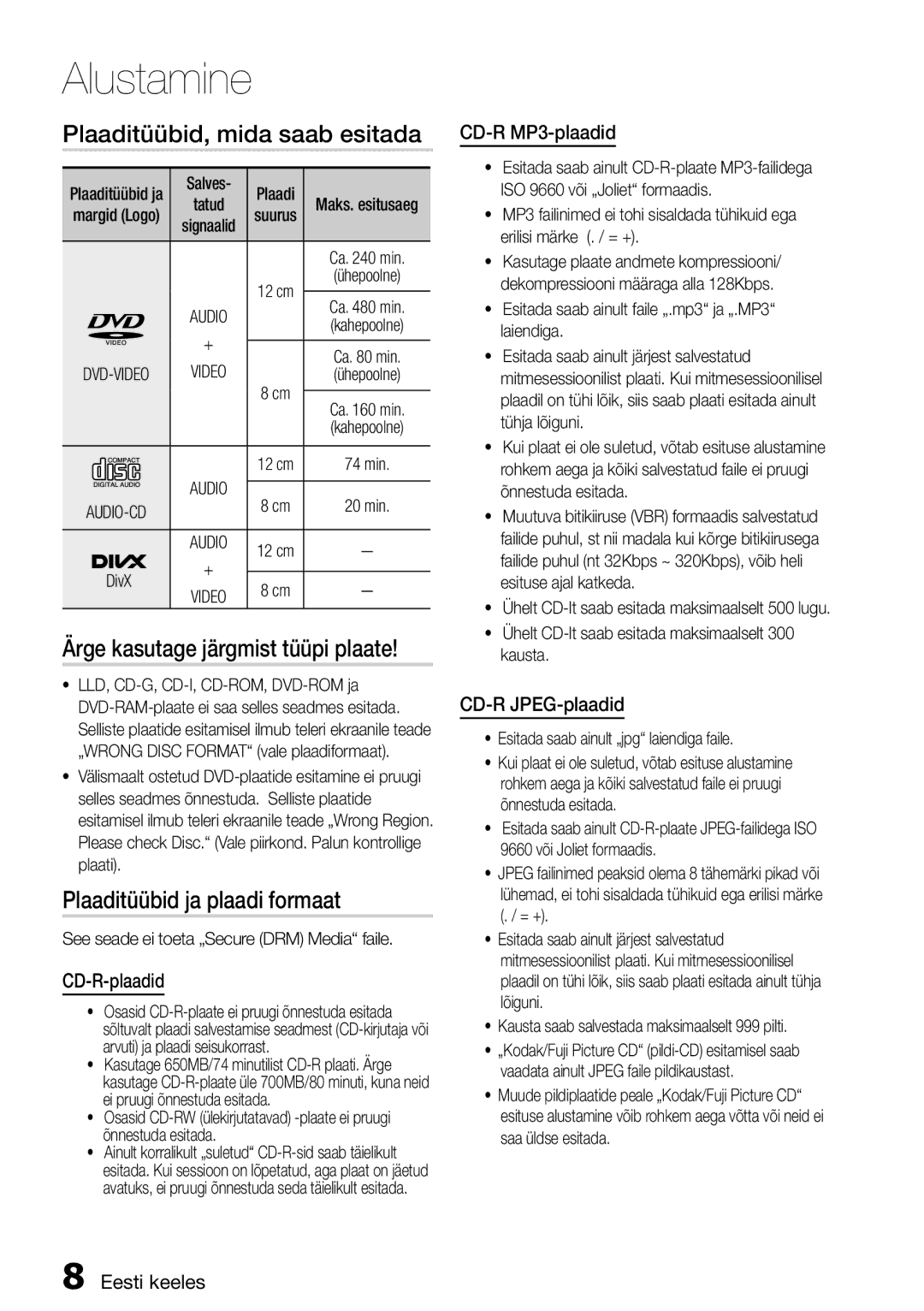 Samsung HT-D555/EN Plaaditüübid, mida saab esitada, Ärge kasutage järgmist tüüpi plaate, Plaaditüübid ja plaadi formaat 