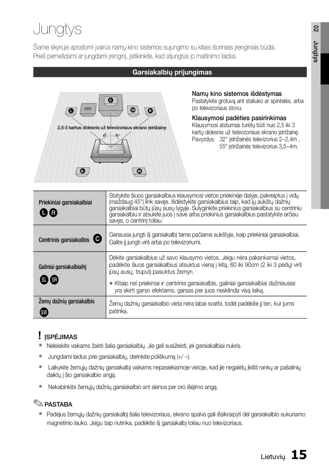 Samsung HT-D555/EN manual Jungtys, Garsiakalbių prijungimas, Įspėjimas 