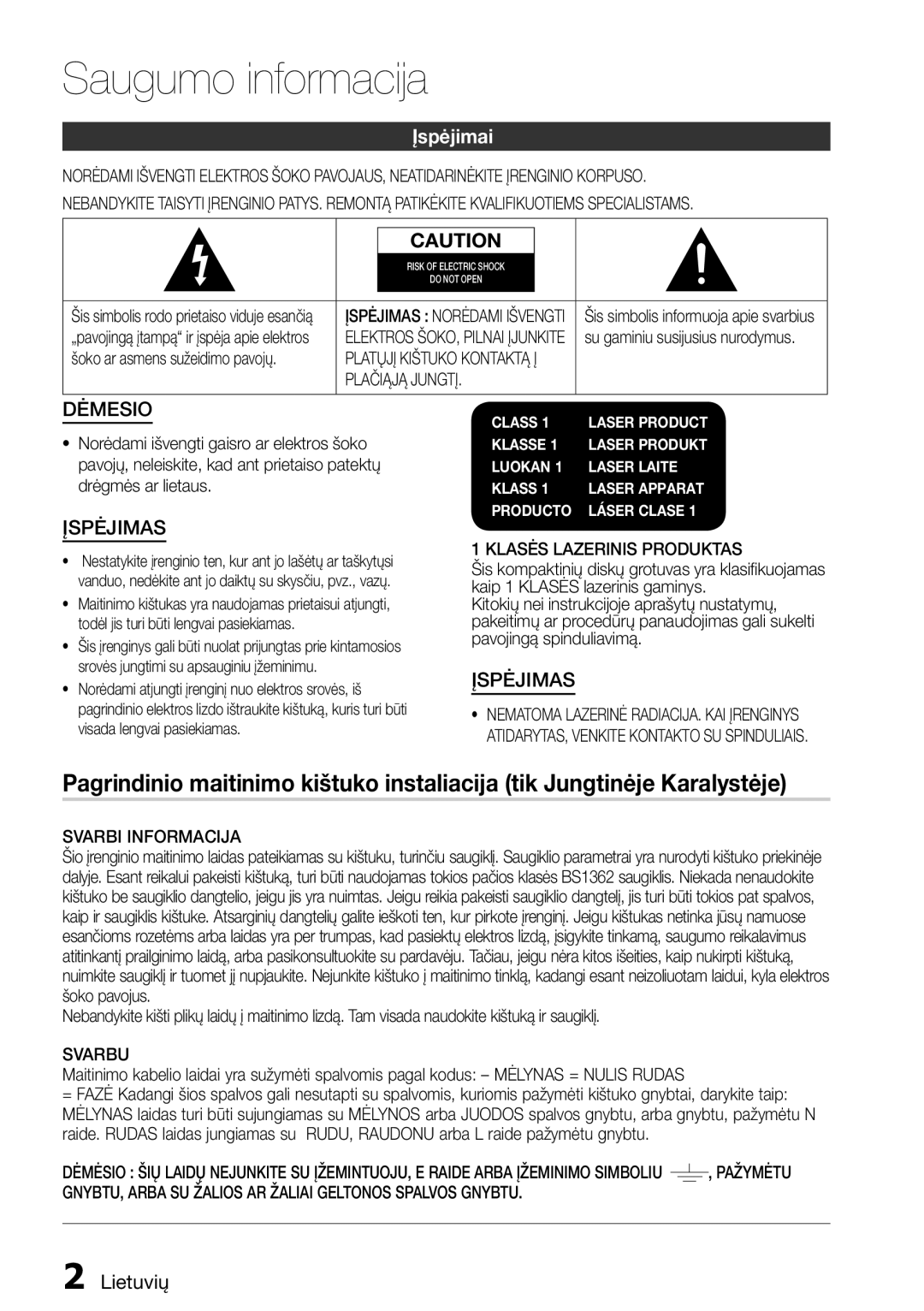 Samsung HT-D555/EN manual Saugumo informacija, Įspėjimai, Lietuvių 