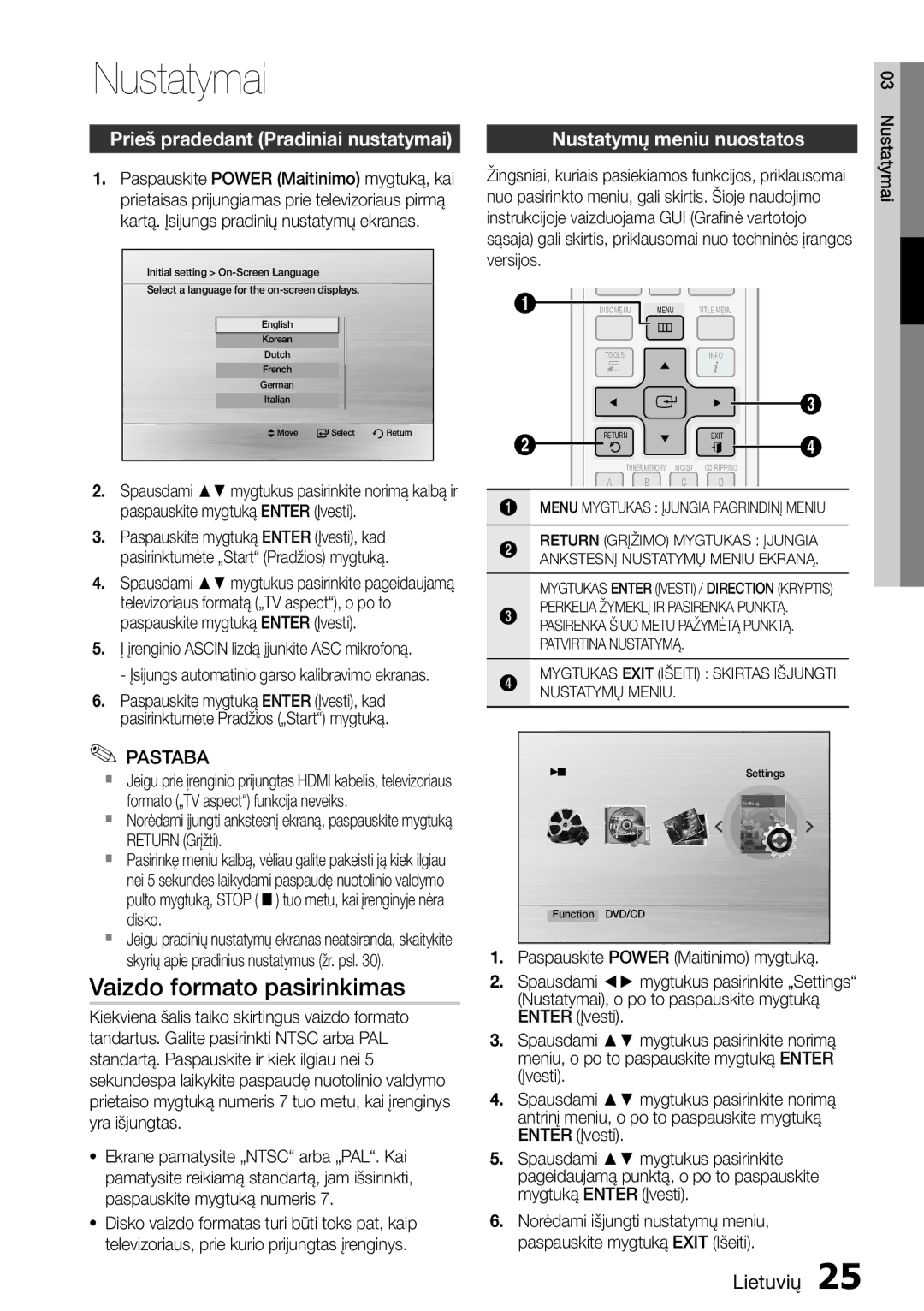 Samsung HT-D555/EN manual Nustatymai, Vaizdo formato pasirinkimas, Prieš pradedant Pradiniai nustatymai 