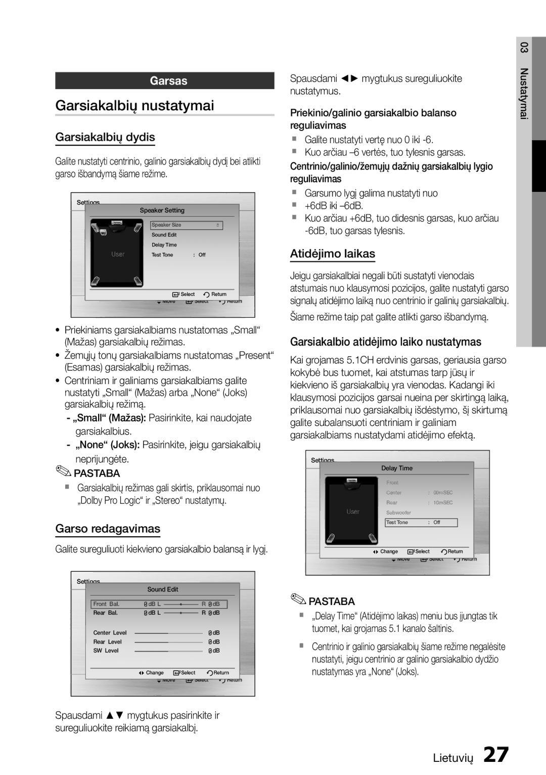 Samsung HT-D555/EN manual Garsiakalbių nustatymai, Garsas 