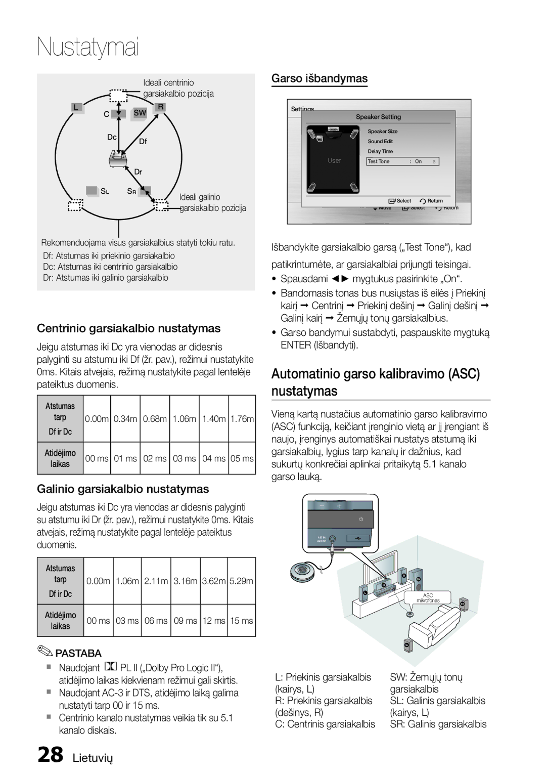 Samsung HT-D555/EN manual Automatinio garso kalibravimo ASC nustatymas, Centrinio garsiakalbio nustatymas, Garso išbandymas 