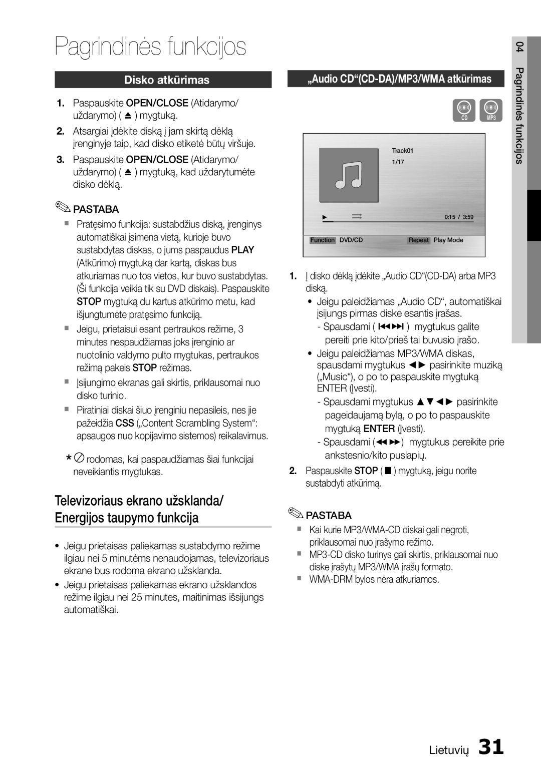 Samsung HT-D555/EN manual Disko atkūrimas „Audio CDCD-DA/MP3/WMA atkūrimas 