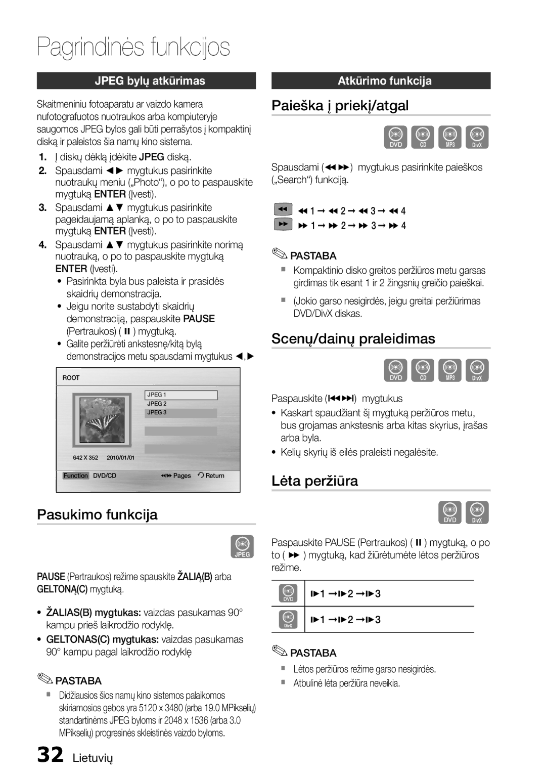 Samsung HT-D555/EN manual Pasukimo funkcija, Paieška į priekį/atgal, Scenų/dainų praleidimas, Lėta peržiūra 