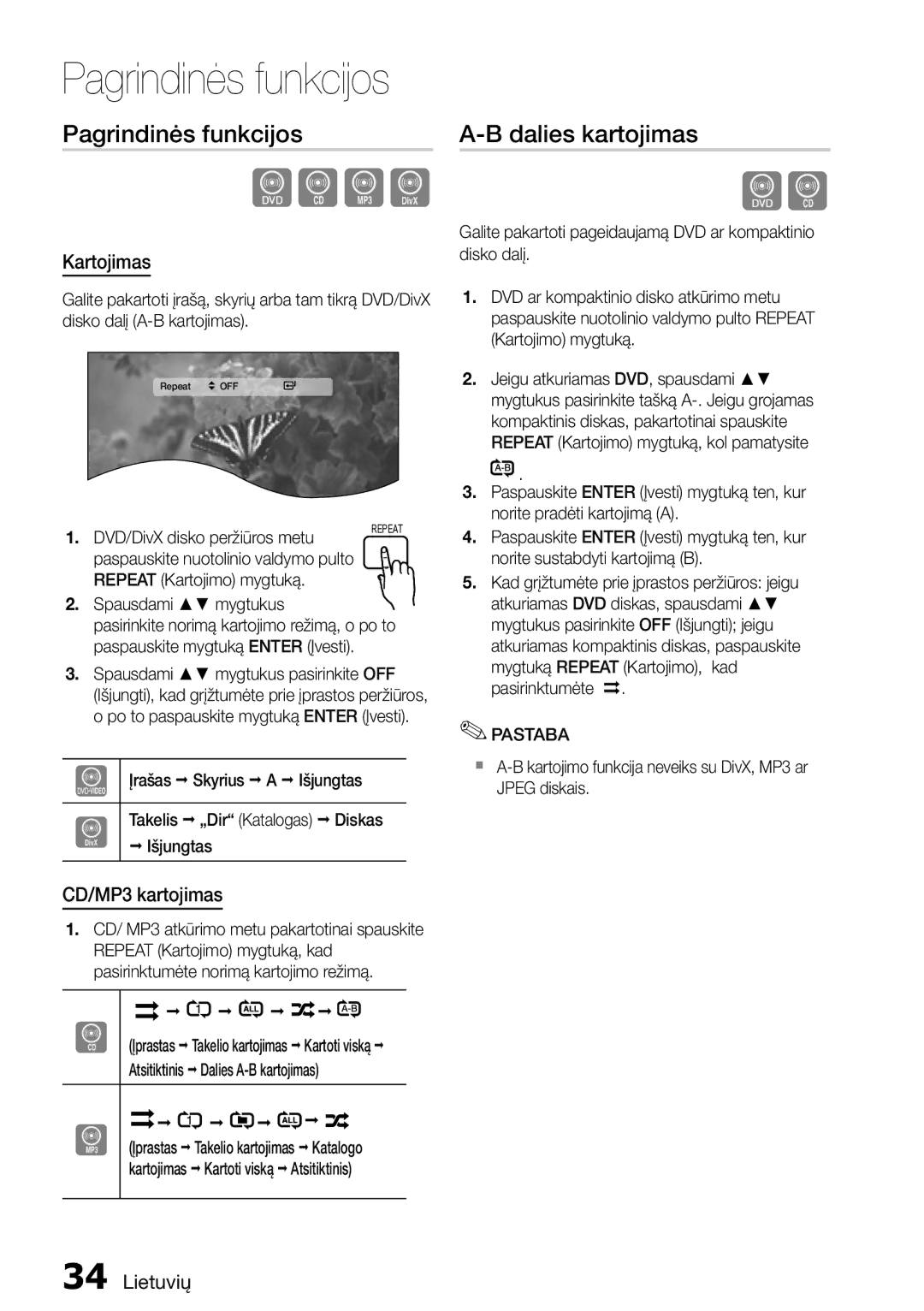 Samsung HT-D555/EN manual Pagrindinės funkcijos, Dalies kartojimas, Kartojimas, CD/MP3 kartojimas 