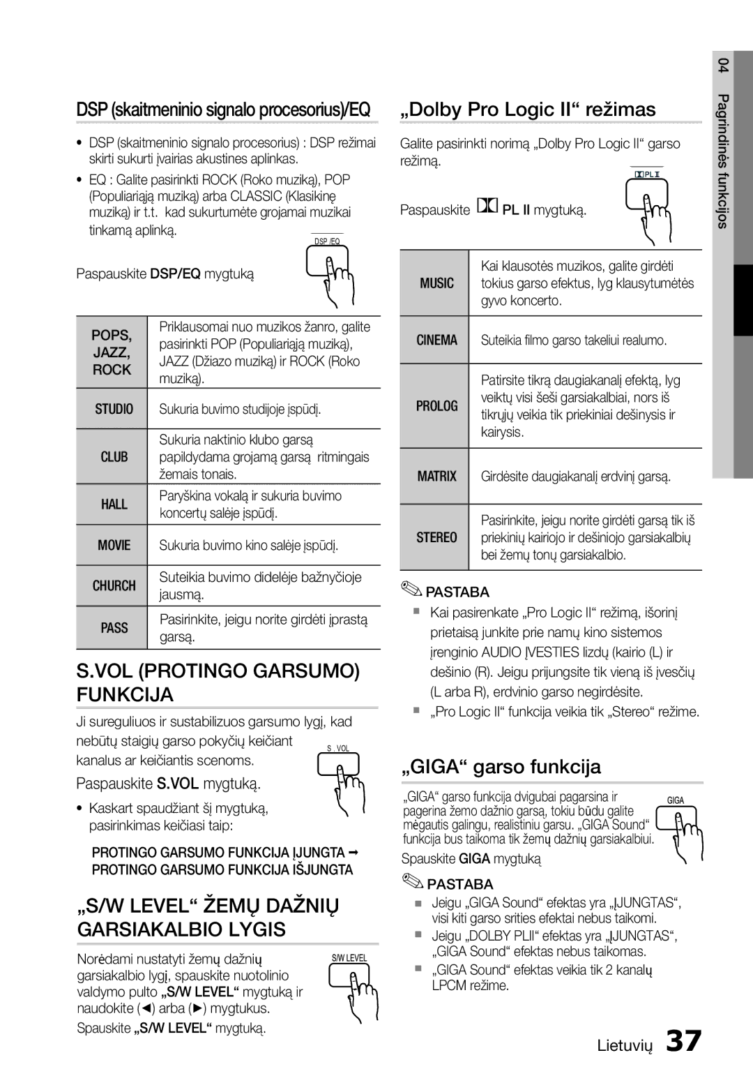 Samsung HT-D555/EN manual „Dolby Pro Logic II režimas, „GIGA garso funkcija, DSP skaitmeninio signalo procesorius/EQ, Pops 