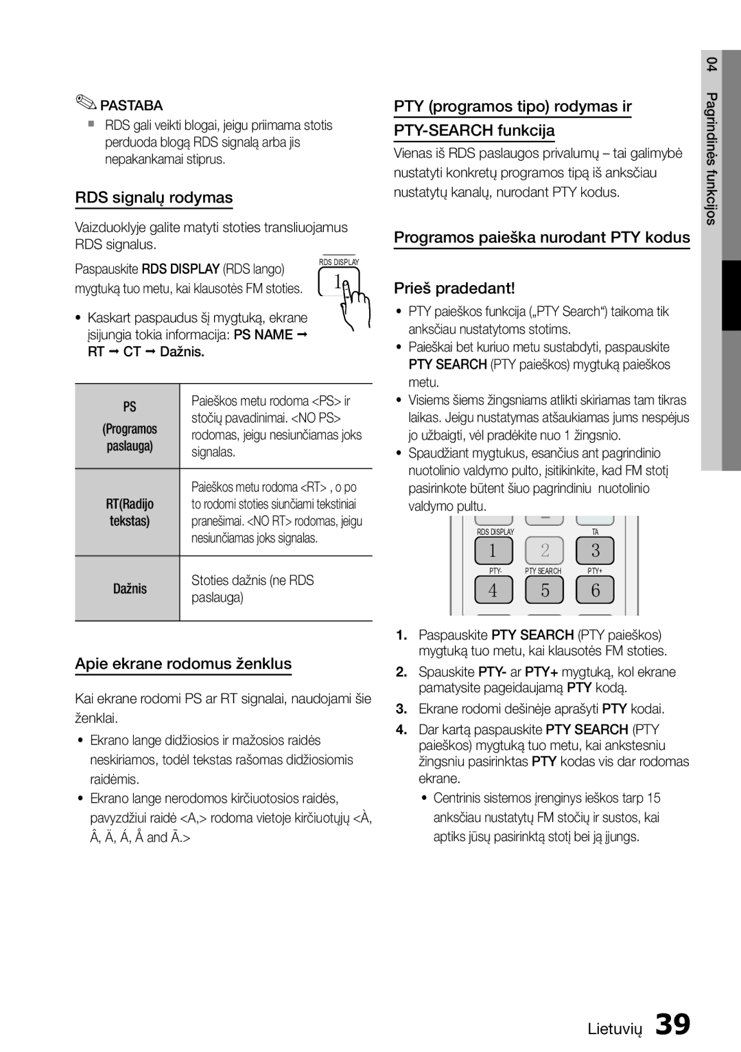 Samsung HT-D555/EN manual RDS signalų rodymas, PTY programos tipo rodymas ir PTY-SEARCH funkcija, Prieš pradedant 