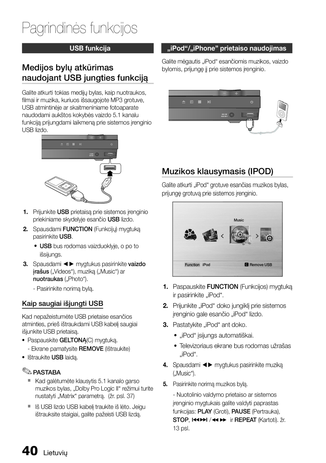 Samsung HT-D555/EN manual Pagrindinės funkcijos, Medijos bylų atkūrimas, Naudojant USB jungties funkciją, USB funkcija 