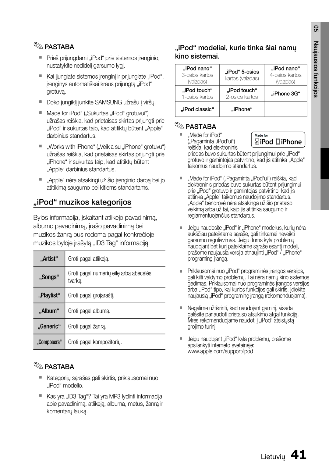 Samsung HT-D555/EN manual „iPod muzikos kategorijos, „iPod modeliai, kurie tinka šiai namų kino sistemai 