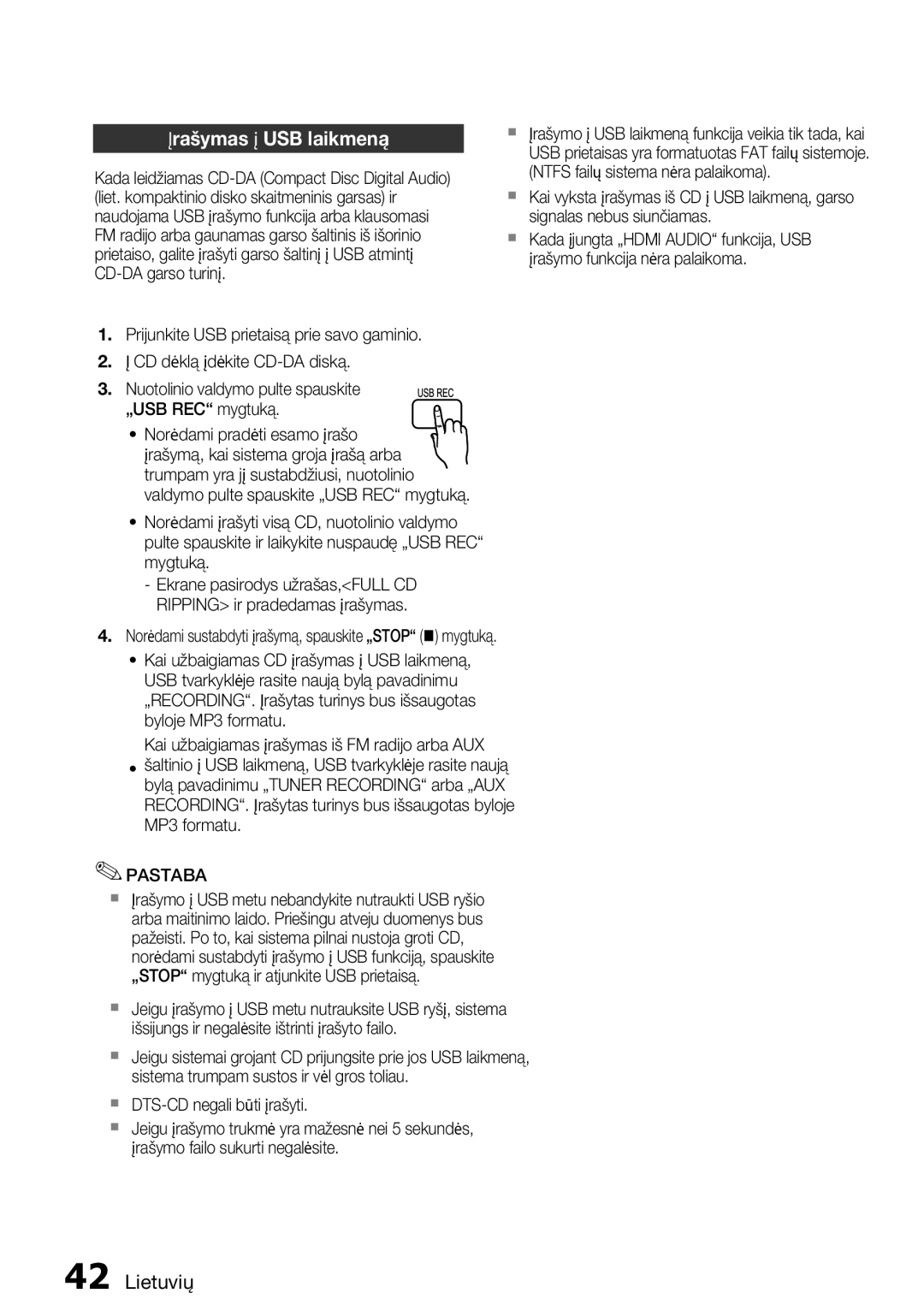 Samsung HT-D555/EN manual Įrašymas į USB laikmeną 