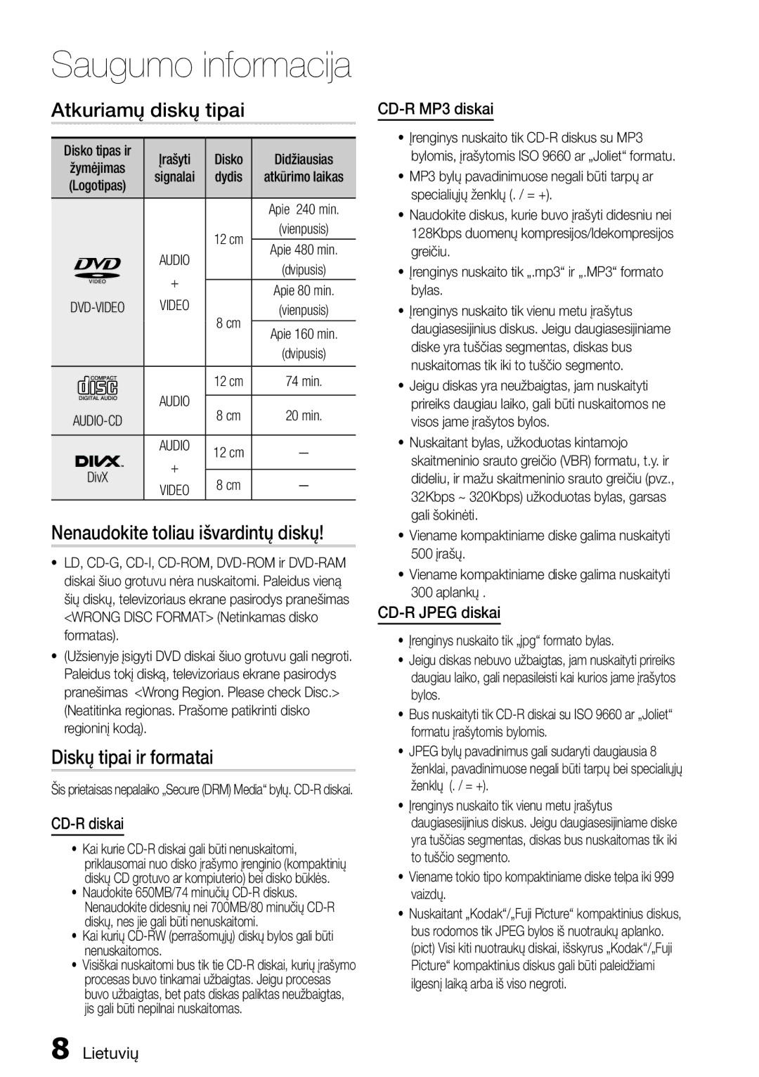 Samsung HT-D555/EN manual Atkuriamų diskų tipai, Nenaudokite toliau išvardintų diskų, Diskų tipai ir formatai 