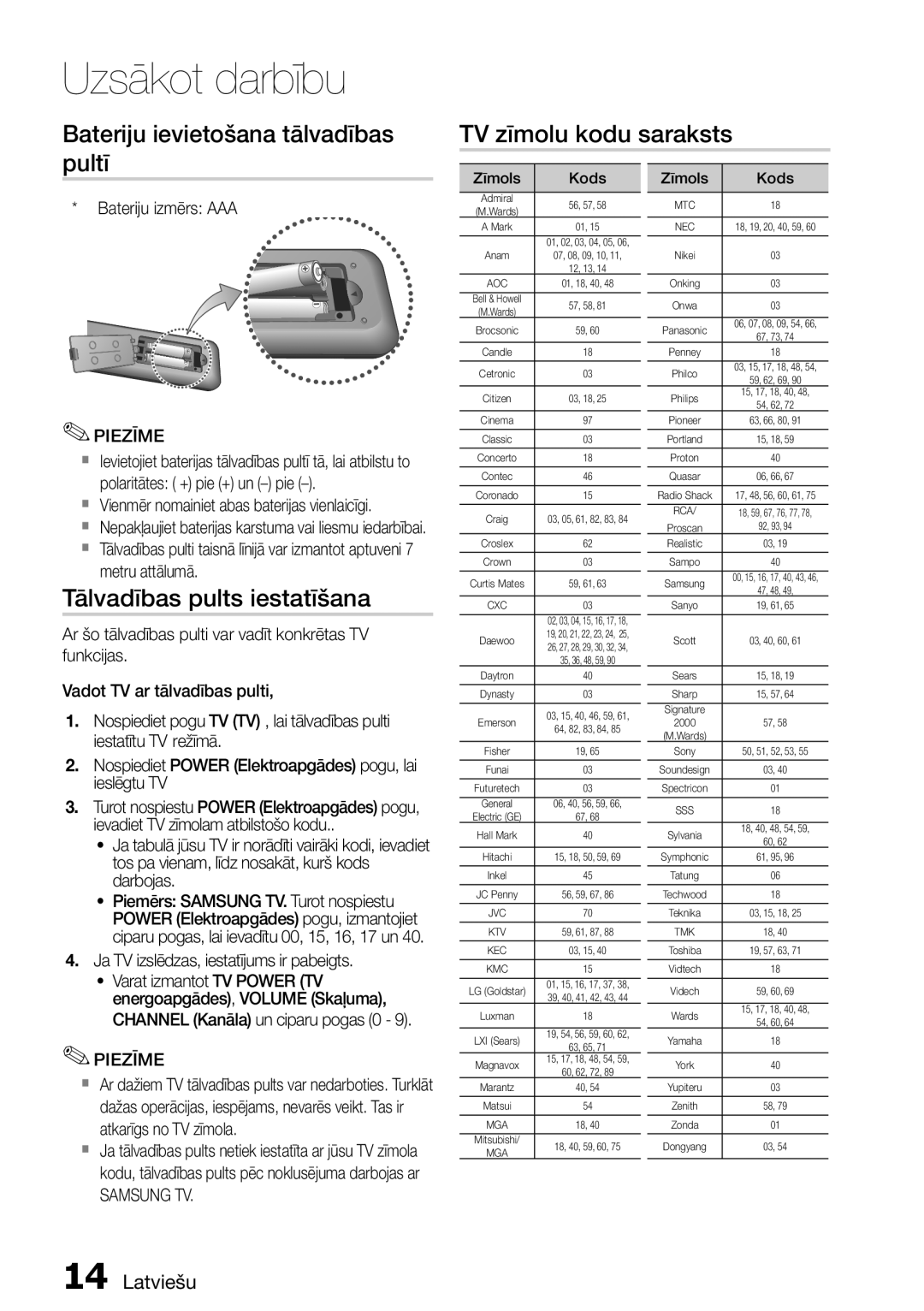 Samsung HT-D555/EN manual Tālvadības pults iestatīšana, Bateriju izmērs AAA,  Vienmēr nomainiet abas baterijas vienlaicīgi 