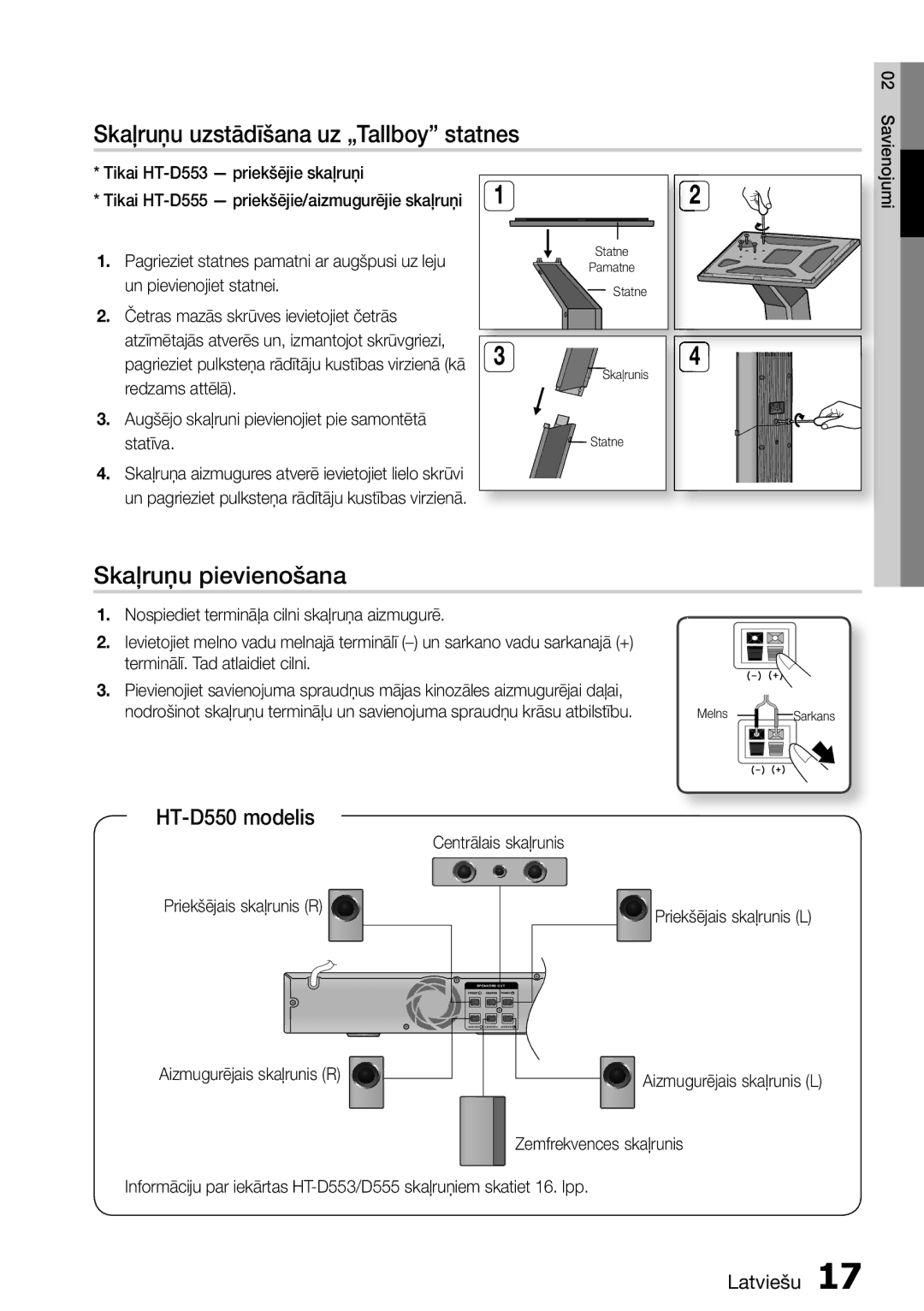 Samsung HT-D555/EN manual Skaļruņu uzstādīšana uz „Tallboy statnes, Skaļruņu pievienošana, HT-D550 modelis 