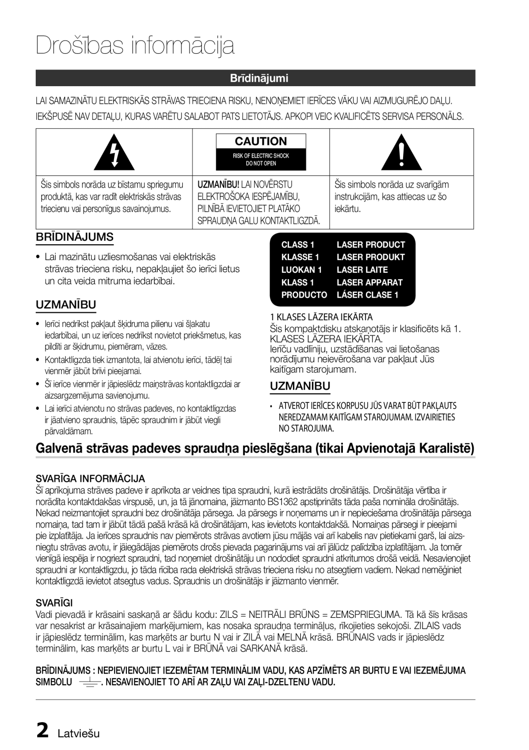 Samsung HT-D555/EN manual Drošības informācija, Brīdinājumi, Latviešu 