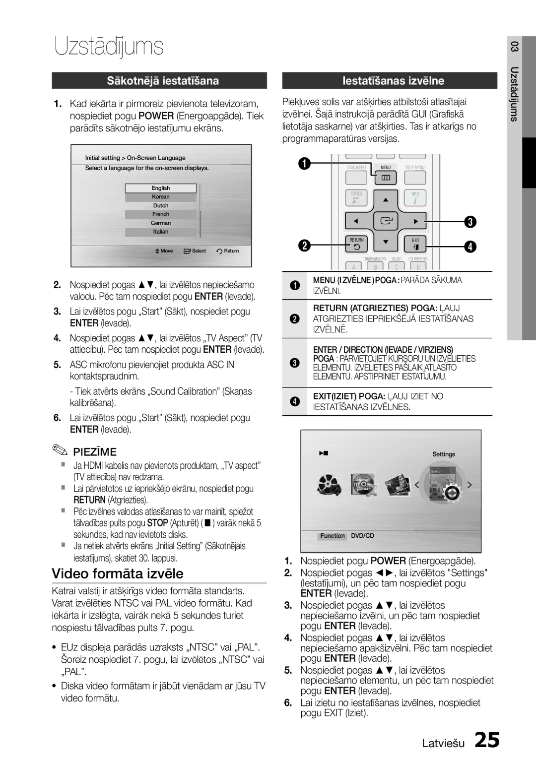 Samsung HT-D555/EN manual Uzstādījums, Video formāta izvēle, Sākotnējā iestatīšana, Iestatīšanas izvēlne 