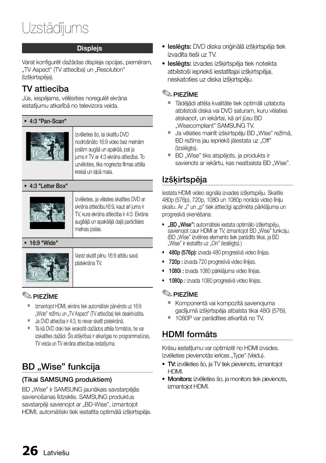 Samsung HT-D555/EN manual TV attiecība, BD „Wise funkcija, Izšķirtspēja, Hdmi formāts, Displejs 