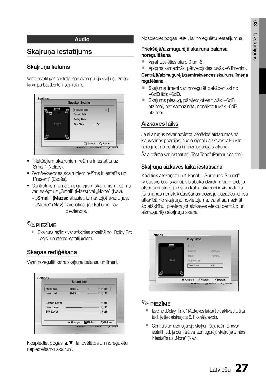 Samsung HT-D555/EN manual Skaļruņa iestatījums, Audio 