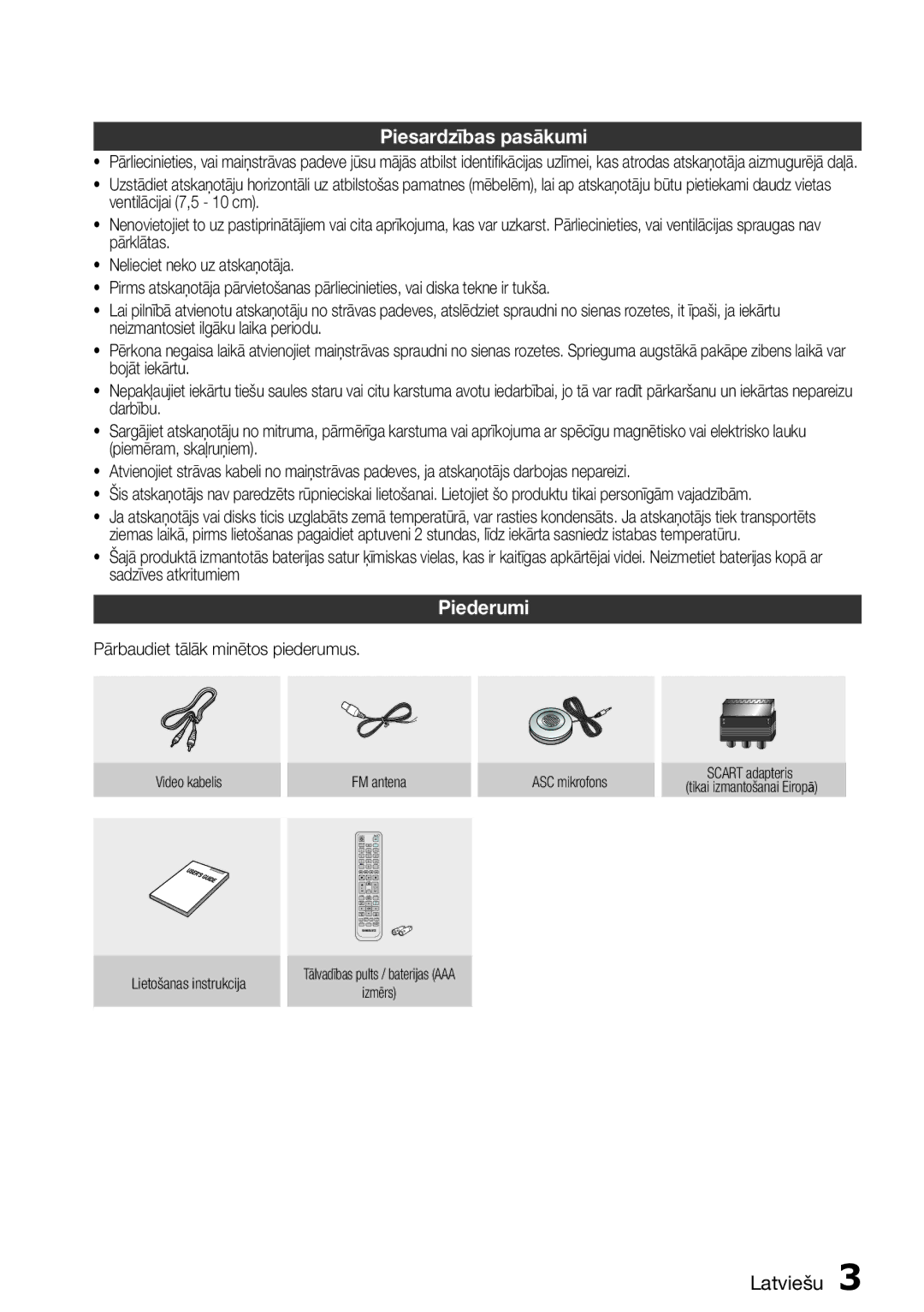 Samsung HT-D555/EN manual Piesardzības pasākumi, Piederumi, Pārbaudiet tālāk minētos piederumus 