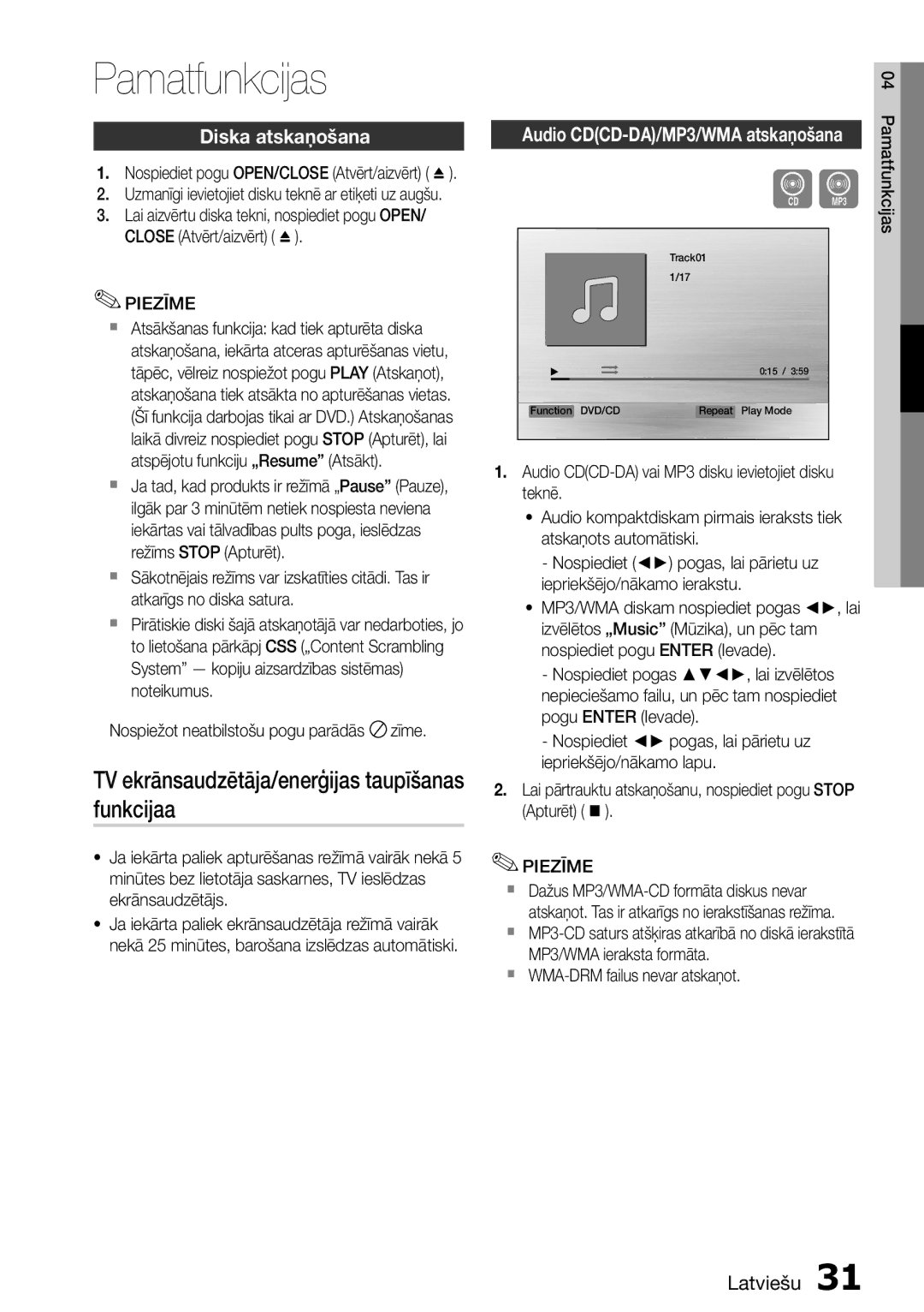 Samsung HT-D555/EN manual Pamatfunkcijas, TV ekrānsaudzētāja/enerģijas taupīšanas funkcijaa, Diska atskaņošana 