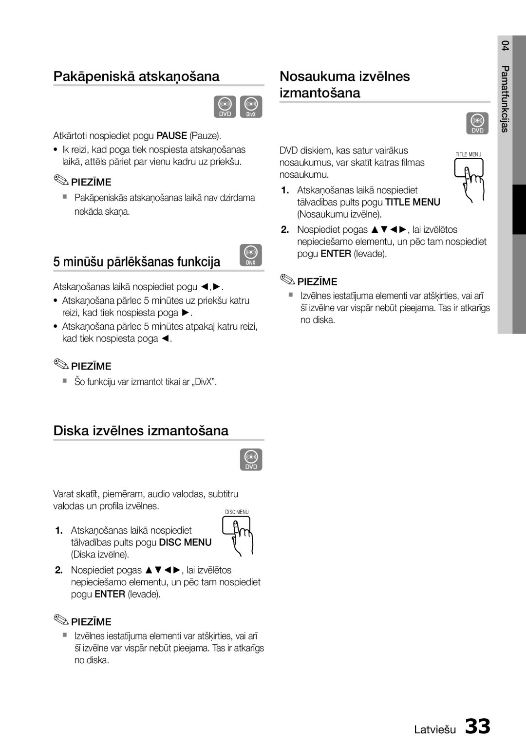 Samsung HT-D555/EN manual Pakāpeniskā atskaņošana, Minūšu pārlēkšanas funkcija D, Nosaukuma izvēlnes izmantošana 