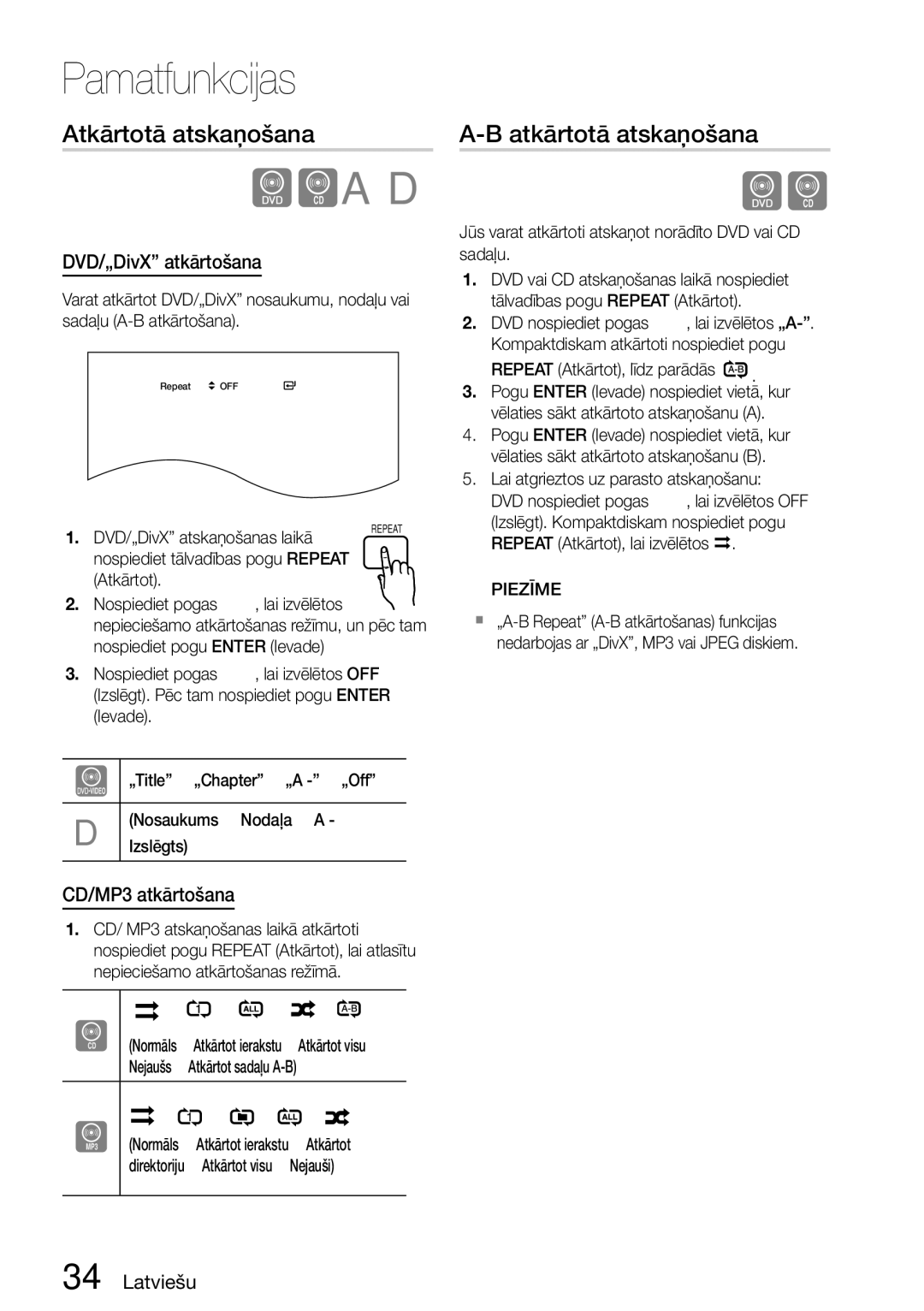 Samsung HT-D555/EN manual Atkārtotā atskaņošana, DVD/„DivX atkārtošana, CD/MP3 atkārtošana 