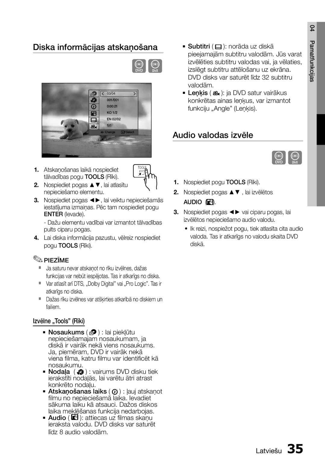 Samsung HT-D555/EN Diska informācijas atskaņošana, Audio valodas izvēle, Izvēlne „Tools Rīki, Tālvadības pogu Tools Rīki 