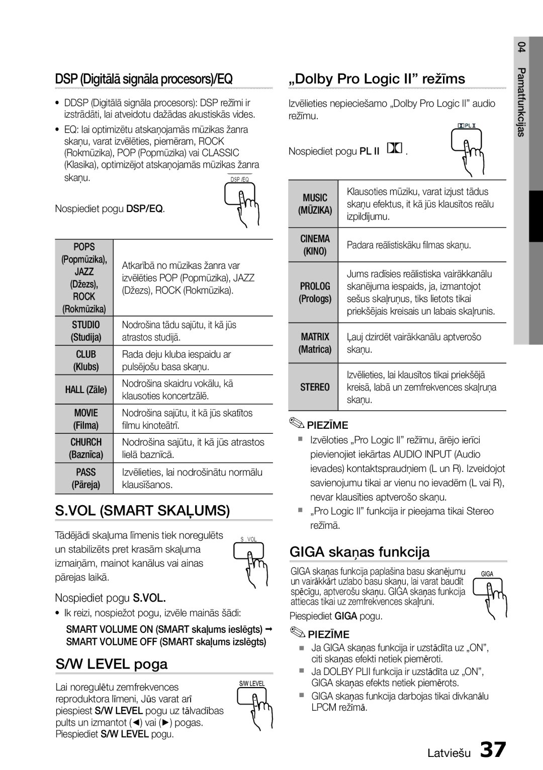 Samsung HT-D555/EN manual DSP Digitālā signāla procesors/EQ, Level poga, „Dolby Pro Logic II režīms, Giga skaņas funkcija 