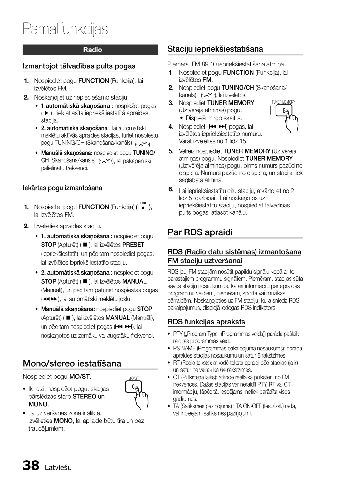 Samsung HT-D555/EN manual Mono/stereo iestatīšana, Staciju iepriekšiestatīšana, Par RDS apraidi, Radio 