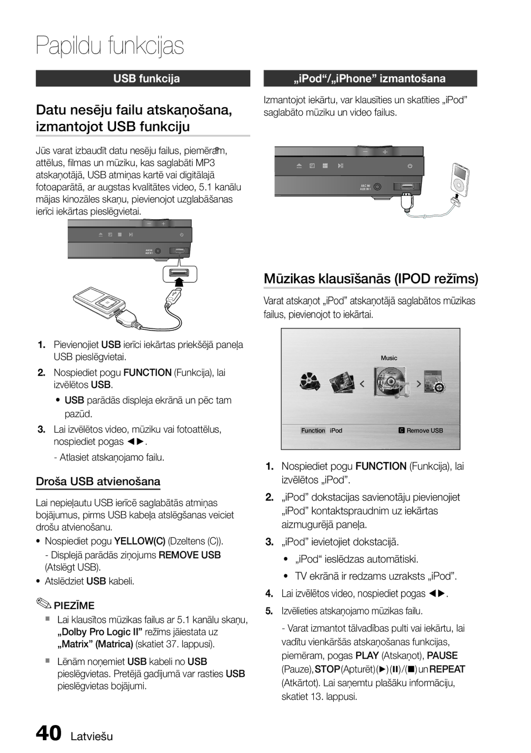 Samsung HT-D555/EN manual Papildu funkcijas, Datu nesēju failu atskaņošana, Izmantojot USB funkciju, Droša USB atvienošana 