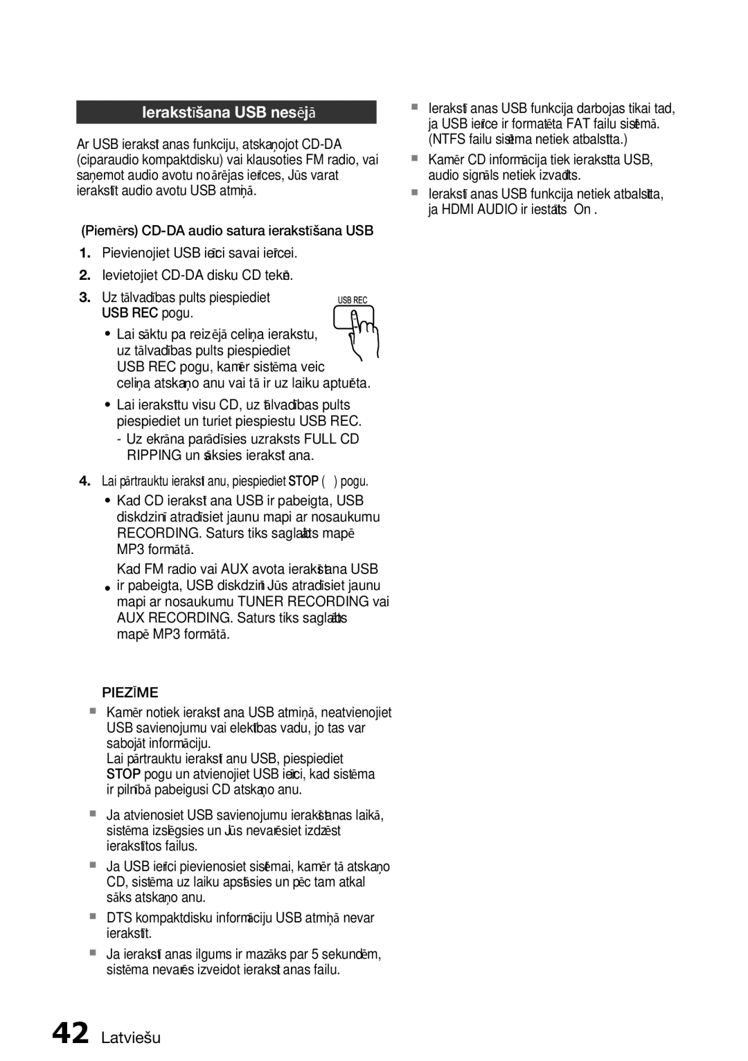 Samsung HT-D555/EN manual Ierakstīšana USB nesējā, Lai pārtrauktu ierakstīšanu, piespiediet Stop  pogu 