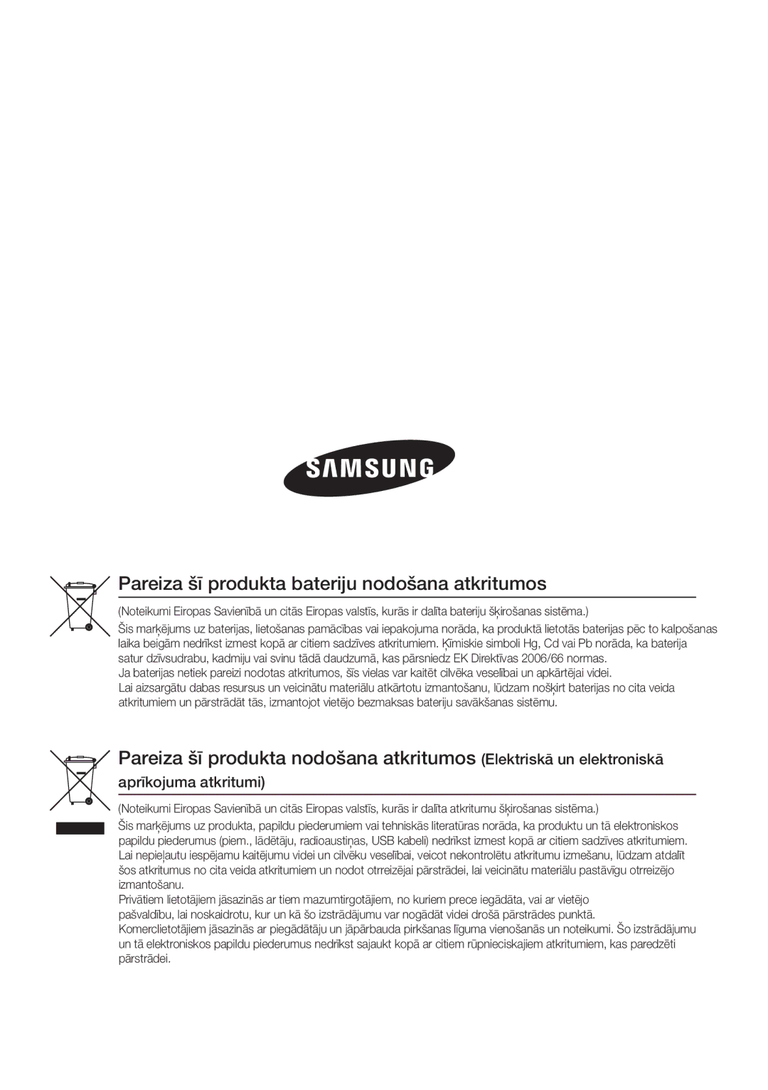 Samsung HT-D555/EN manual Pareiza šī produkta bateriju nodošana atkritumos, Aprīkojuma atkritumi 