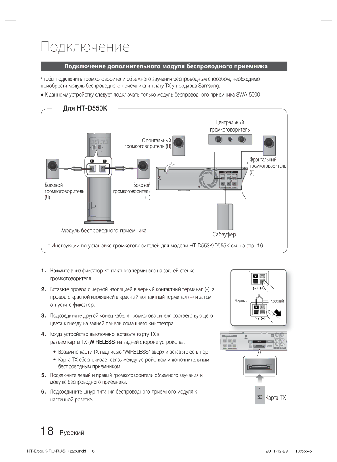 Samsung HT-D555K/RU manual Подключение дополнительного модуля беспроводного приемника, Карта TX 