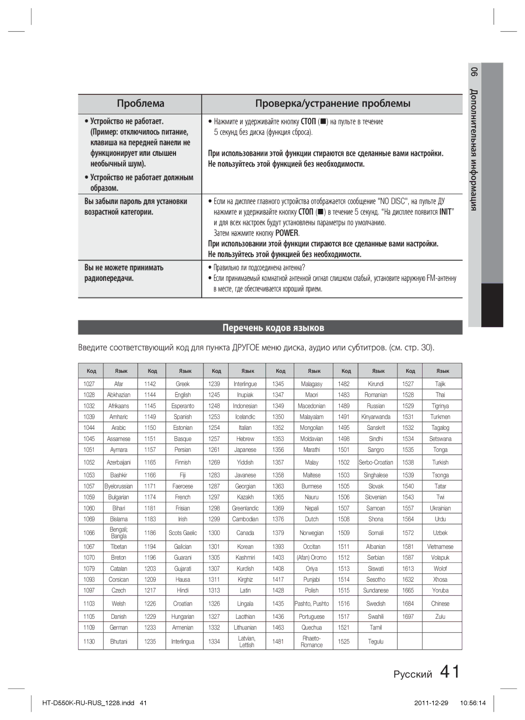 Samsung HT-D555K/RU manual Проблема, Проверка/устранение проблемы, Перечень кодов языков 