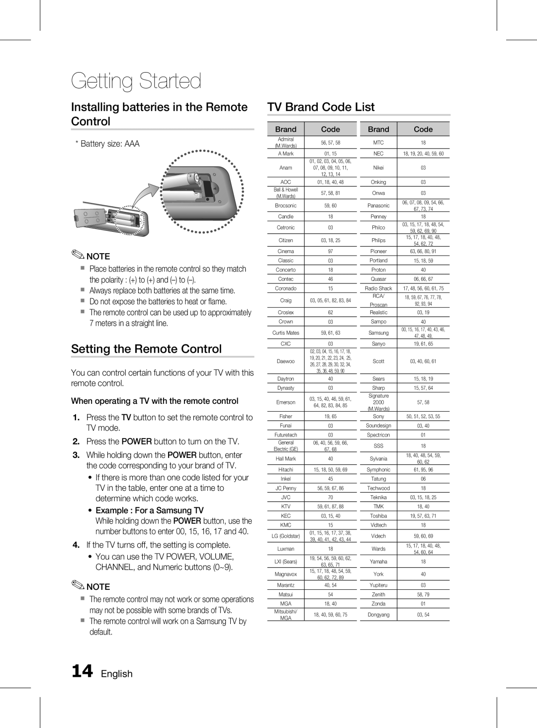 Samsung HT-D555K/XV Setting the Remote Control, Battery size AAA, If the TV turns off, the setting is complete, Brand Code 