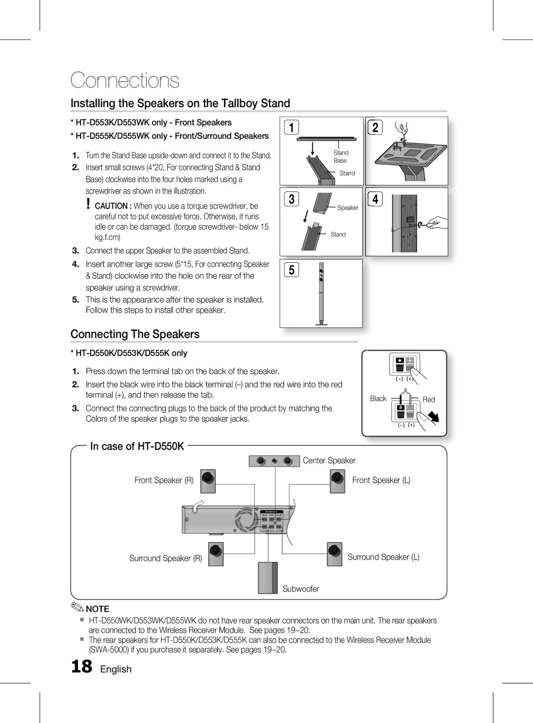 Samsung HT-D555K/XV Installing the Speakers on the Tallboy Stand, Connecting The Speakers, Center Speaker, Front Speaker R 