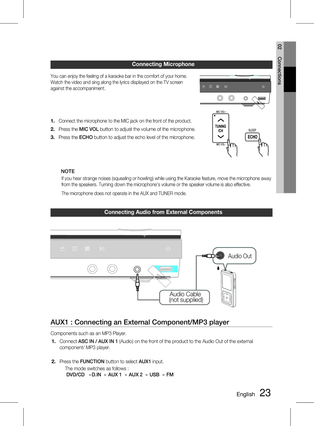 Samsung HT-D555K/XV AUX1 Connecting an External Component/MP3 player, Connecting microphone, Audio Cable not supplied 