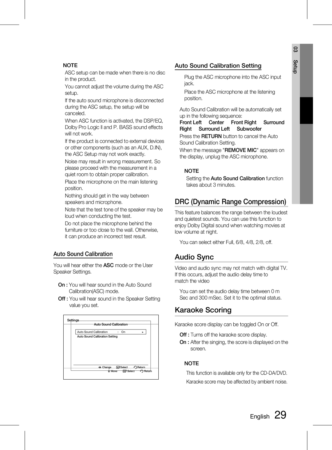 Samsung HT-D555K/XV manual Audio Sync, Karaoke Scoring, Auto Sound Calibration Setting 