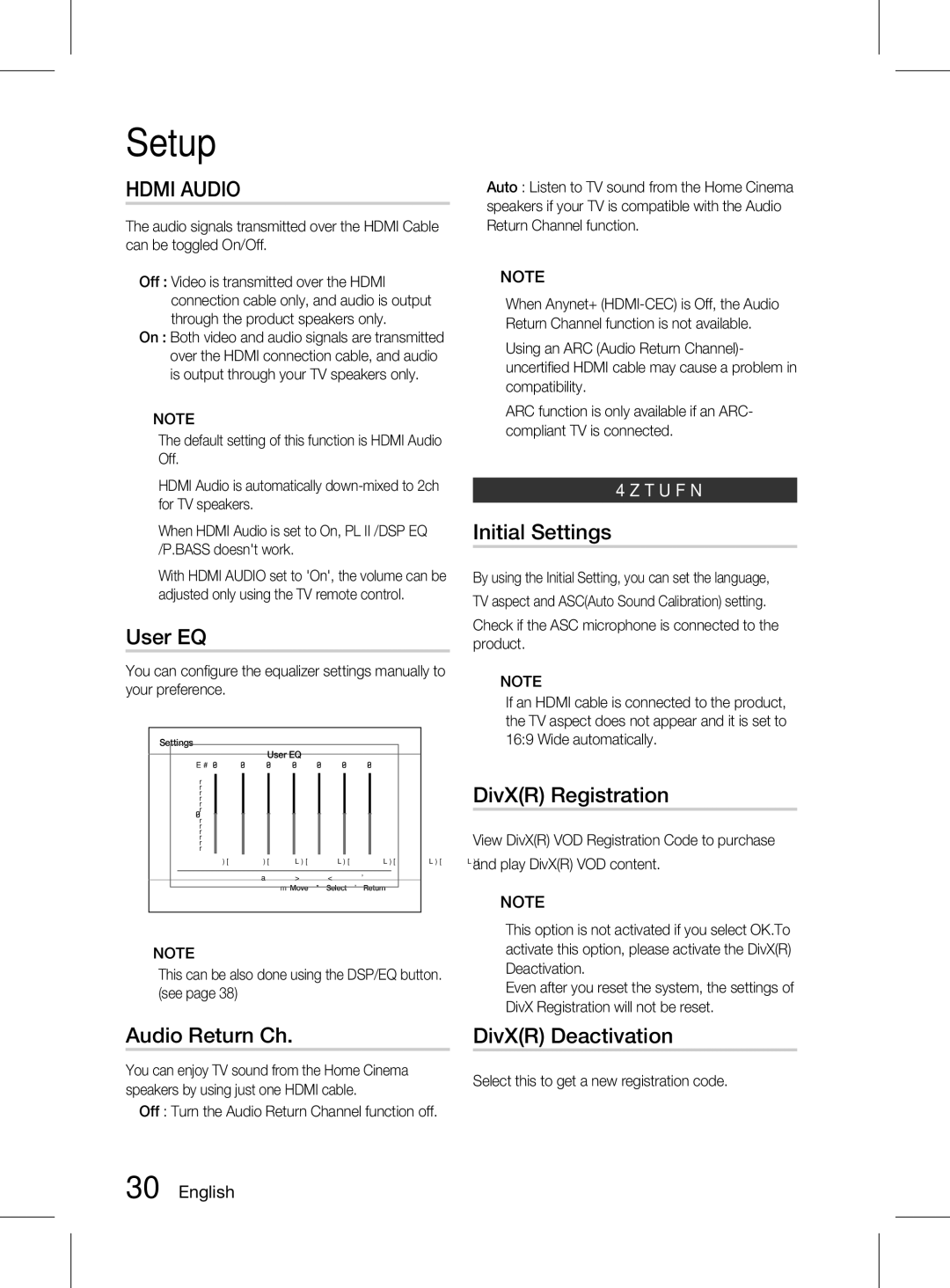 Samsung HT-D555K/XV manual User EQ, Audio Return Ch, Initial Settings, DivXR Registration, DivXR Deactivation 