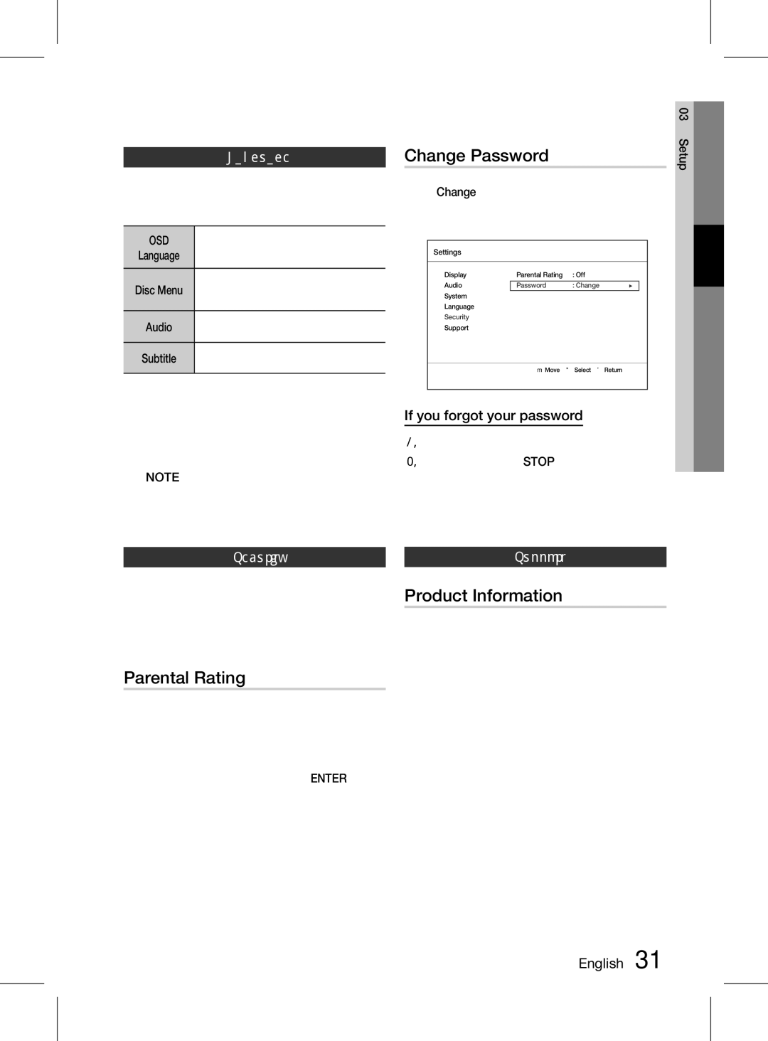 Samsung HT-D555K/XV manual Parental Rating, Product Information, Language, Security, Support 